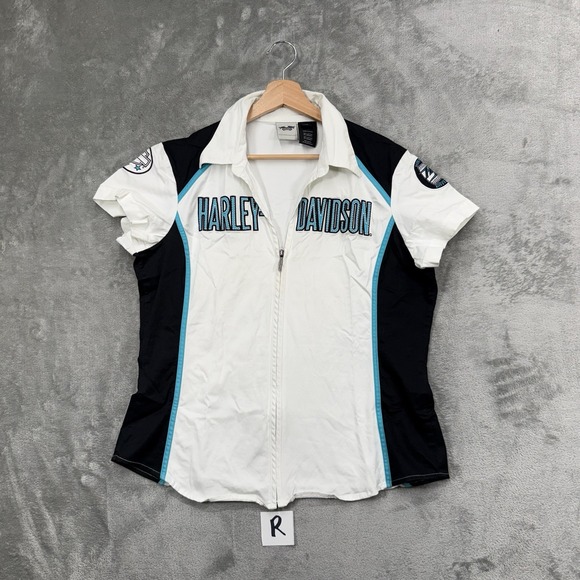 Harley-Davidson Tops - Vintage Harley Davidson Zip Up Bowling Racing White/Aqua/Black Y2K Size XL